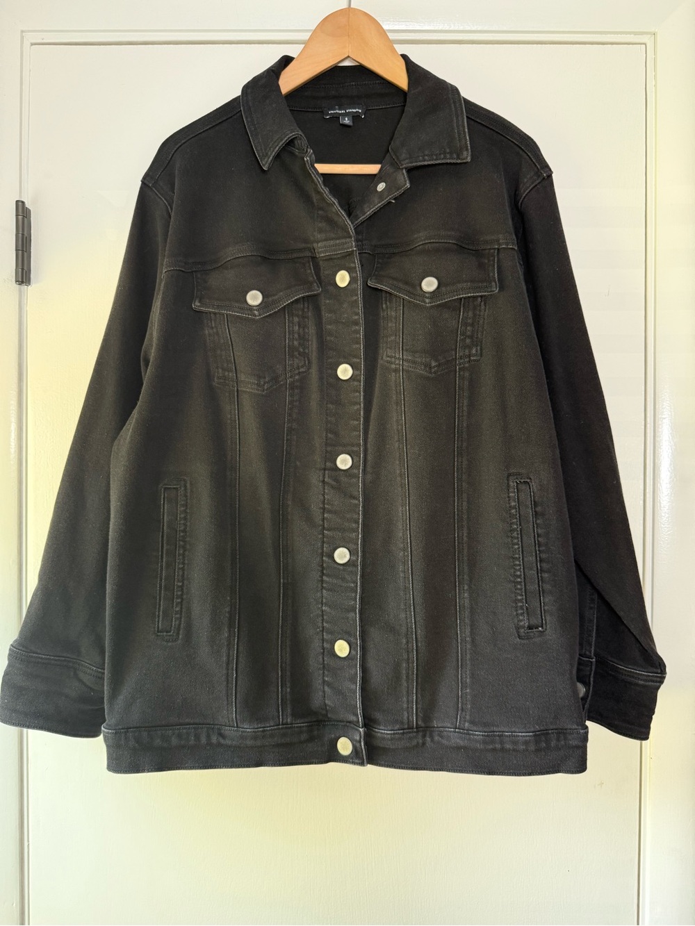 Universal Standard Black Denim Chore Jacket Minimalist Chic Longline Snap Sides - Picture 2 of 12